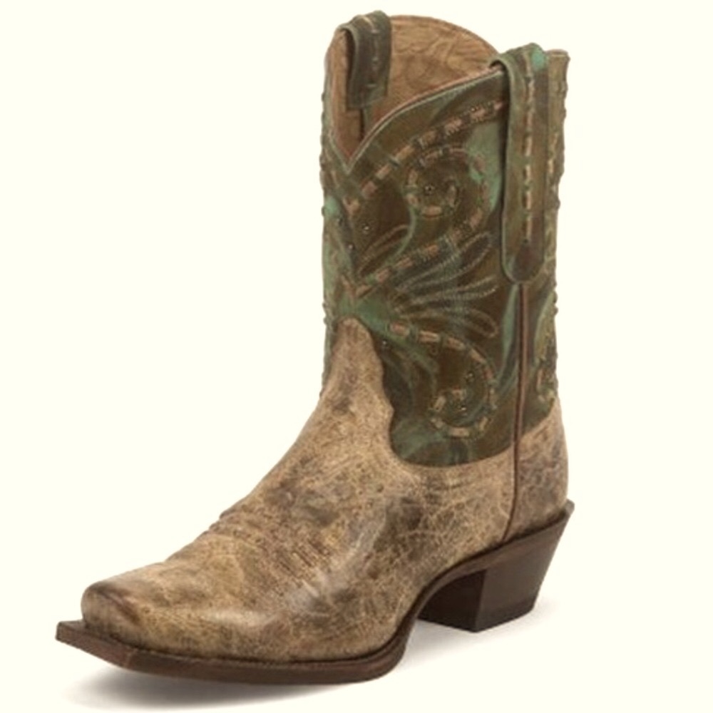 Tony Lama Vaquero Shorty Distressed Brown Leather Cowboy Boot Teal Accent Size-6